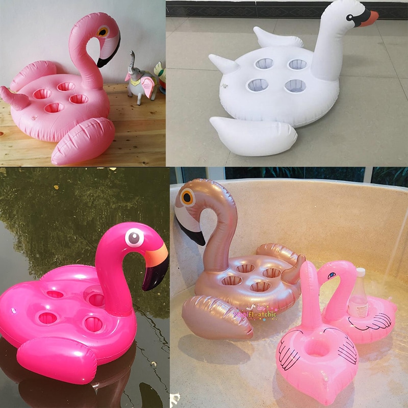 Dyreformet pool svømmer oppustelige flydende kopholdere til drikkevarer glas- rosa lyserød flamingo hvid svane sky rianbow