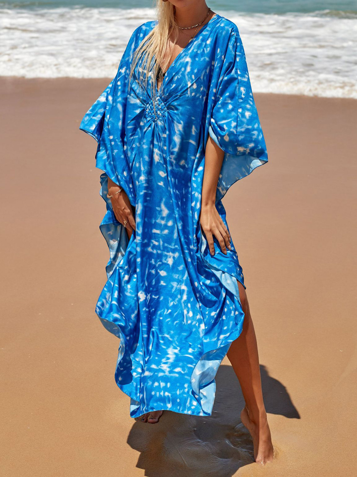Vestido Longo Feminino Estampado Zebra com Decote V para Praia, Saída de Praia, Moda Praia V4159