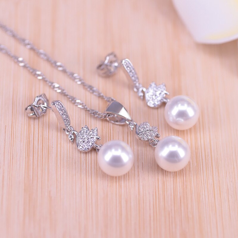 Big Many Colors Swan Silver Color Jewelry Set Stud Earrings Necklace With Pendant Pretty Best For Love: white