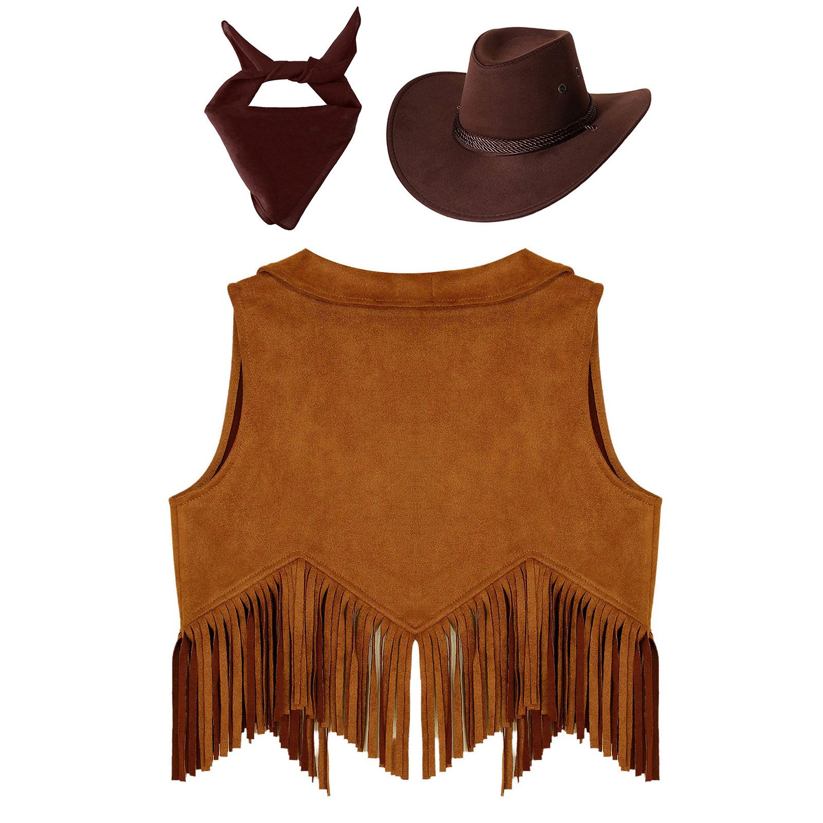 Fantasia de cowboy do oeste para meninos e meninas, colete com franjas, chapéu e bandana, ideal para carnaval, halloween, cosplay e outras festas.