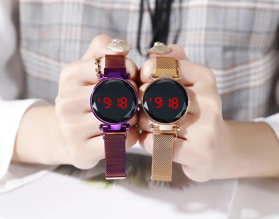 Reloj LED de lujo para mujer, pulsera magnética, collar, pendientes, anillo, reloj de vestir Digital de oro rosa, reloj de pulsera de cuarzo para mujer