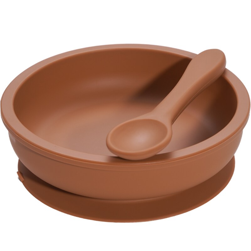 Bpa-vrij effen baby siliconen serviesset peuterveiligheidszuiger silicagel kom bord en lepel kinderkeukengereedschap: 025- gekruide pompoen