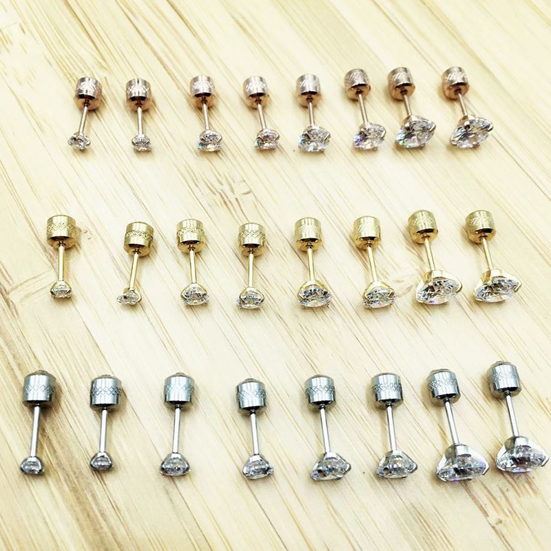 1 Pair 3-6mm Stud Earrings Set Hypoallergenic Double Round Cubic Zirconia Stainless Steel CZ Girls Women Earrings