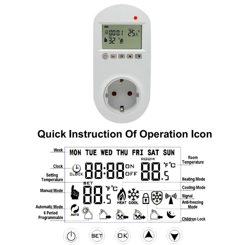 Programmable Plug in Thermostat EU Socket 16A Electric Heating Underfloor Room Temperature Controller