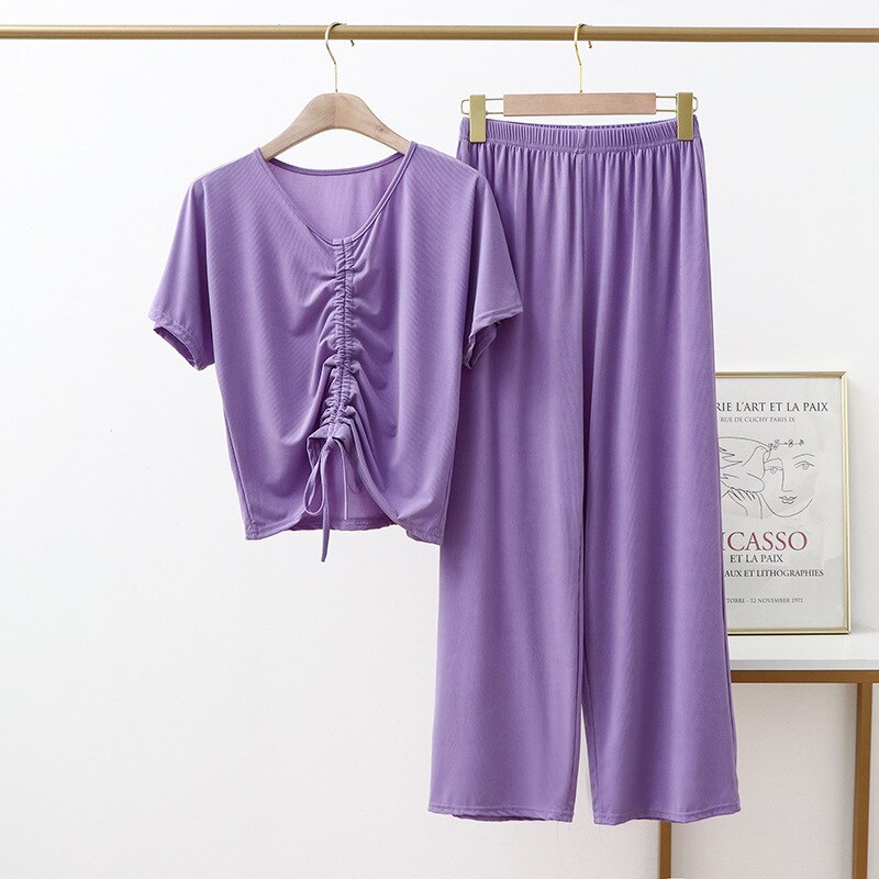 Woman 2pcs Pajama Sets V-Neck Short Sleeve Sexy Top and Elastic Waist Full Length Loose Wide Leg Pants Homewear and Outwear Set: Purple