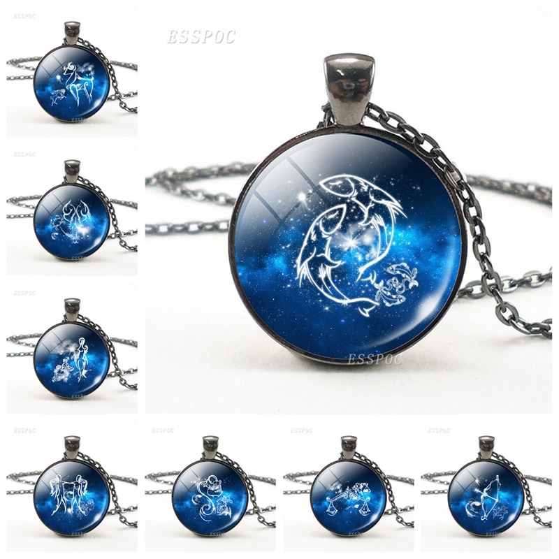 12 konstellationen Halskette 12 Tierkreis Zeichen Widder Leo Gemini Libra Virgo Krebs Glas Cabochon Anhänger Schwarz Kette Halsband