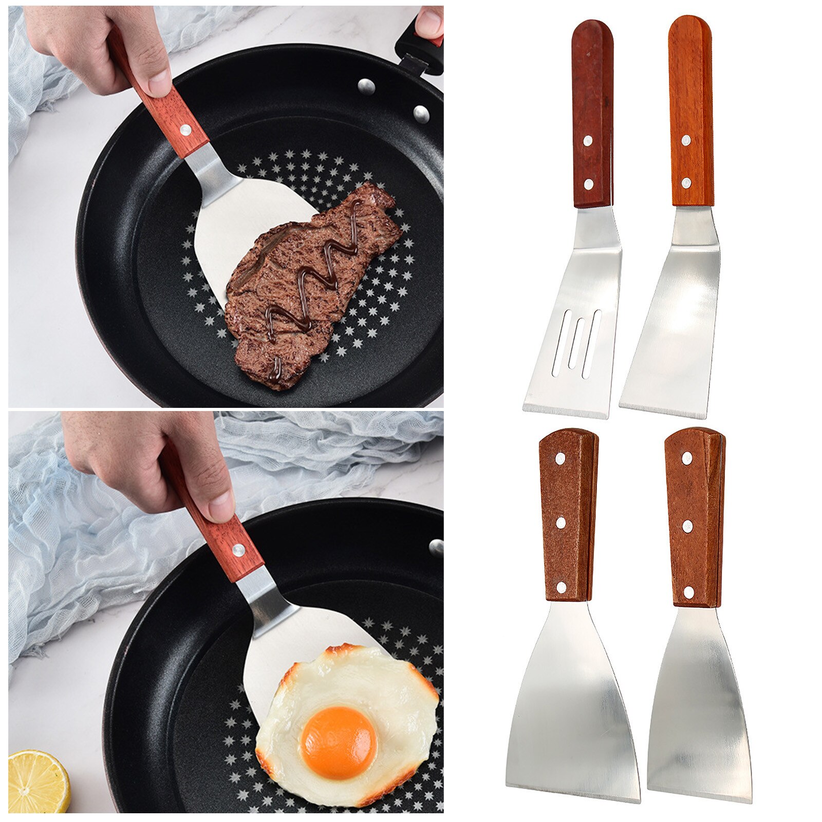 Stainless Steel Steak Spatula Wooden Handle Fried Shovel Pizza Grasping Cutters Spade Pastry BBQ Tools Kitchen Cooking Utensils