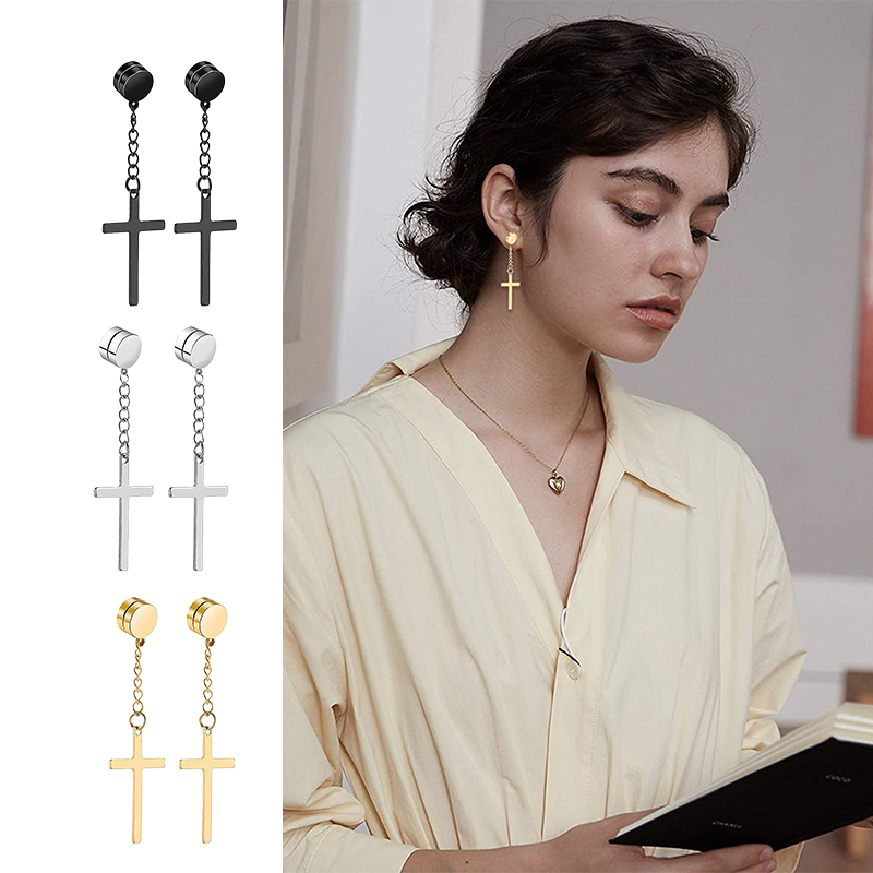 Punk hombres fuerte imán magnético Cruz oreja Stud Set pendientes no Piercing pendientes falsos para novio amante joyería