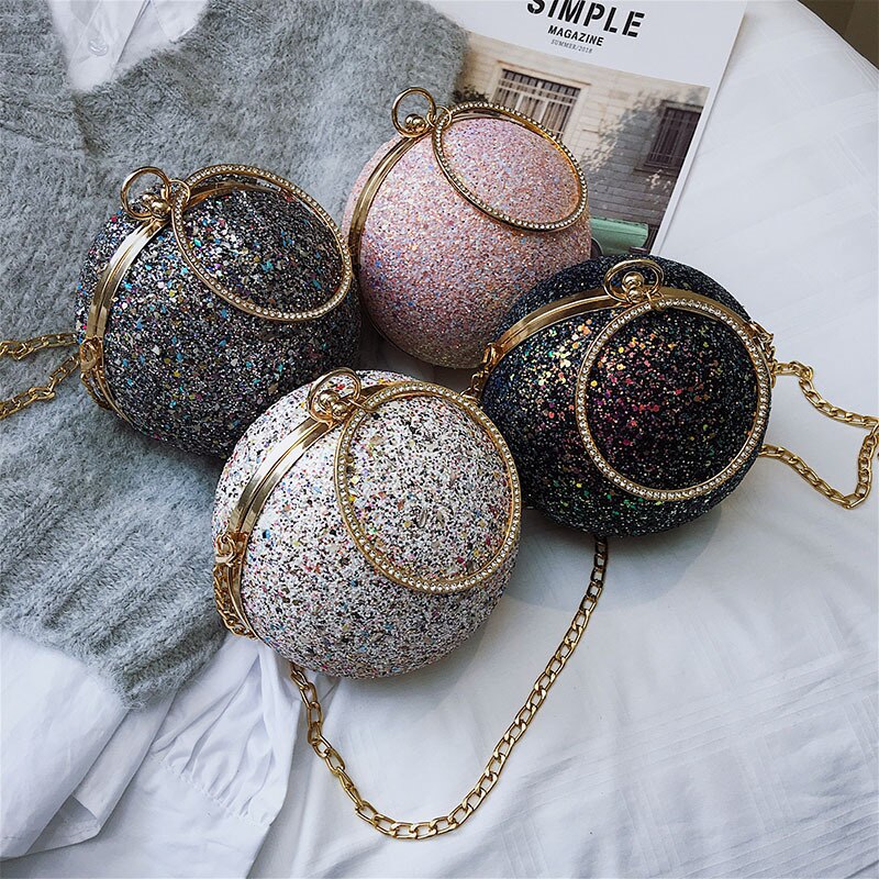 Women Evening Day Clutch Colorful Crystal Diamonds Round Ball Shaped Clutches Lady Handbag Wedding Purse Chain Shoulder Bag