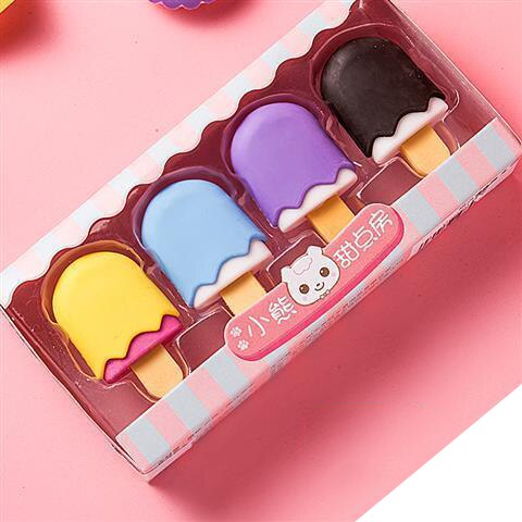 4 unids/pack lindo postre borrador conjunto encantador Lollipop helado Donuts de goma borrador de lápiz para los niños la fuente de la escuela: Popsicle