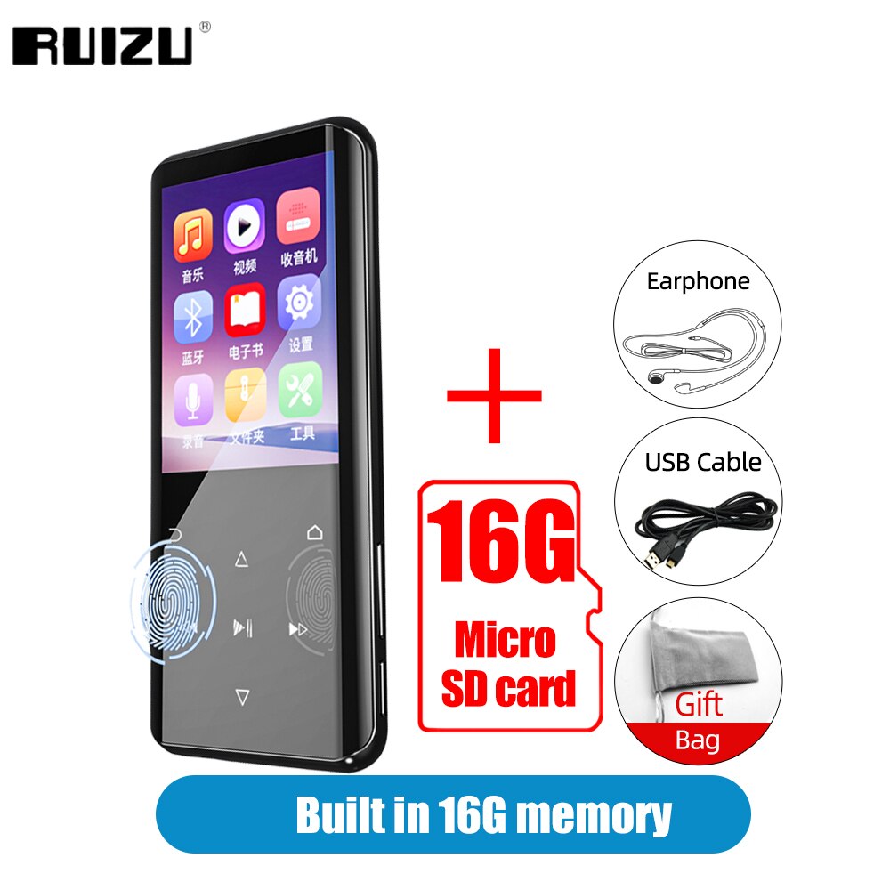 RUIZU D25 MP3 Bluetooth Player Touch Control Portable HIFI Music Video MP4 Player Built-in Speaker With FM-Radio E-Book Record: 16G Add 16G TF Card