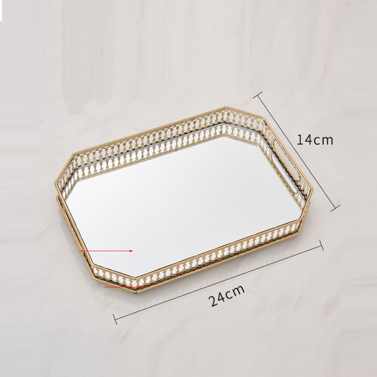 Bandejas doradas decorativas para almacenamiento de joyas, bandeja de vidrio con espejo Vintage, rectangular/redondo, plato de fruta, artículos pequeños de escritorio, placa de exhibición de joyería: Rectangle-S