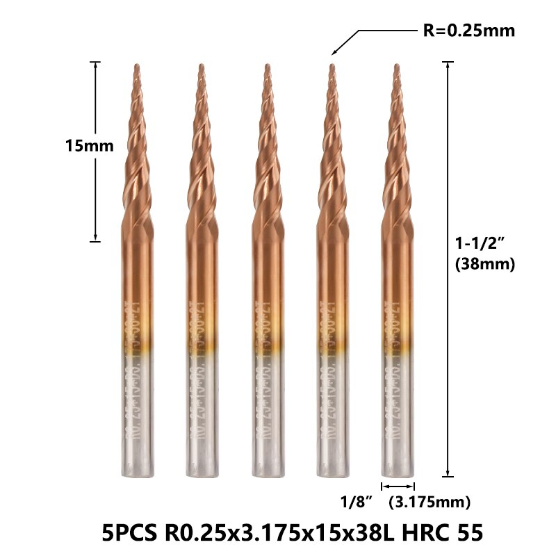 Xcan konisk kuglenæse endefræser 1/8 '' (3.175mm)  skaft supercoated hårdmetal fræser 5 stk sæt træ metal graveringsbit: R0.25 hrc 60
