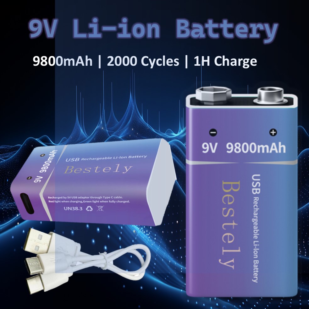 Baterías recargables estándar de 9 voltios, batería de litio tipo C de 9 V de gran capacidad de 9800 mAh, batería de autodescarga baja precargada