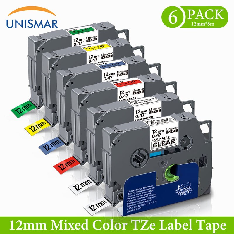 6 stk skriverbånd 2 xtze -231 tze -131 tze -b31 tze -cb31 tze -d31 laminert etiketttape til bror p-ta på  d400 1010 1000 skrivere: Blandet farge 2