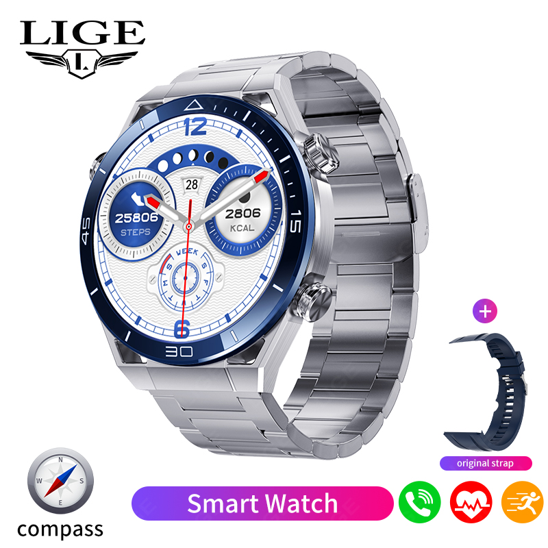 LIGE Nowy sprytny zegarek mężczyźni GPS Bluetooth połączenie sport tryby naganiacz zwierza kompas muzyka niestandardowa bransoletka tarcza biznesowa Smartwatch mężczyźni + skrzynka: Niebieski