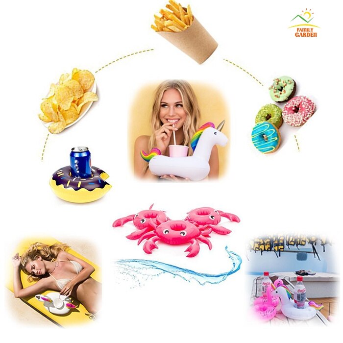 Uppblåsbara dryckeshållare 9 paket flytande koppunderlägg för poolfest och badleksaker för barn sjöjungfru, svan, flamingo, krabba, ananas