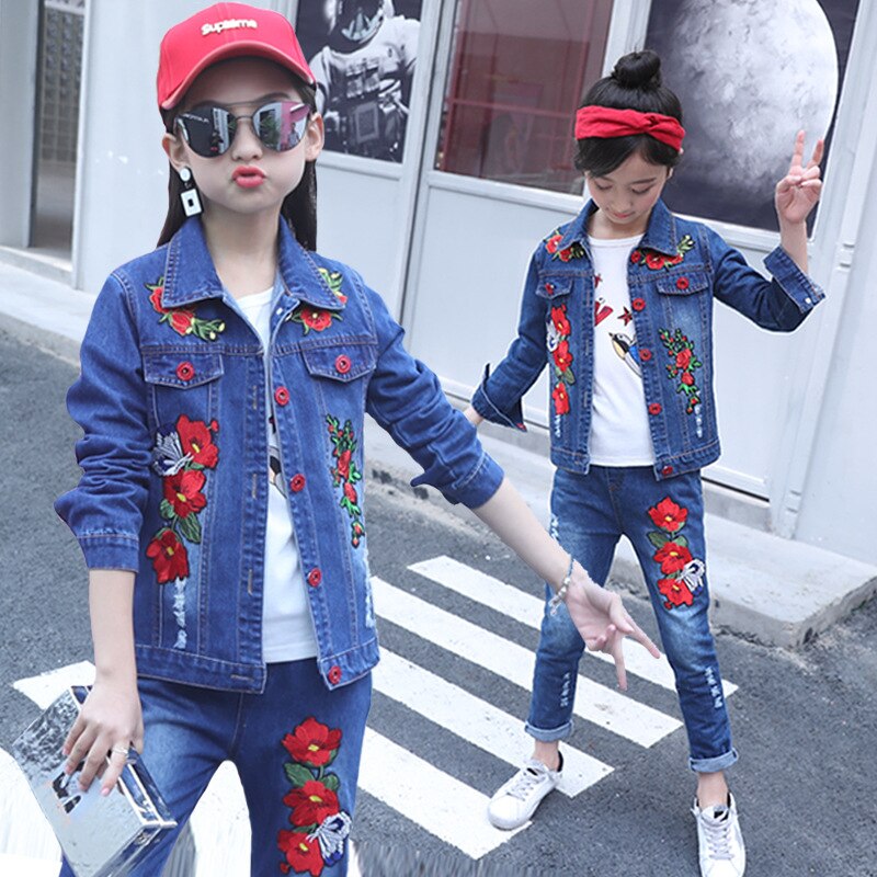 Embroidered Flower Kids Spring Autumn Long Sleeve Outfit Girl Jean Kids Denim Clothing Single Jacket