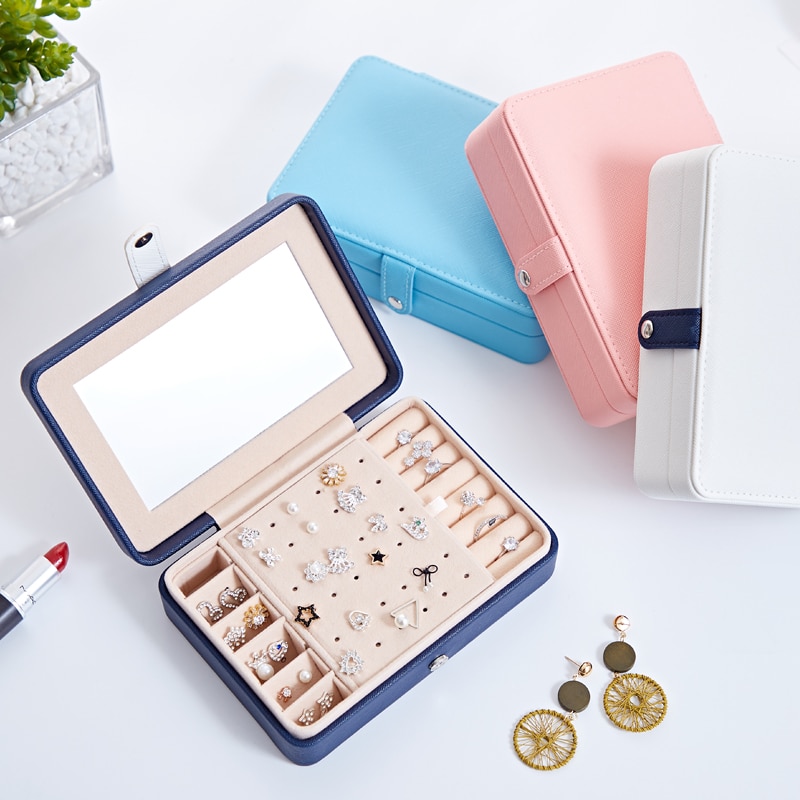 Jewelry Box Portable Multi Function PU Leather Fresh and Simple Earrings Ring Jewellry Storage Necklace Case