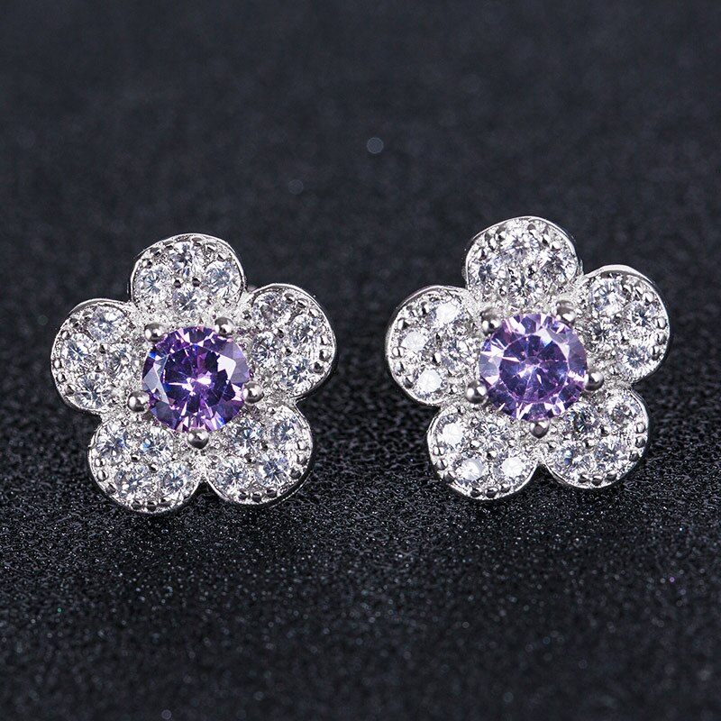 Huitan-pendientes de planta romántica para niña, con forma de flor pequeña Simple con forma de flor, aretes de tuerca de circón cúbico blanco rosa claro: E018