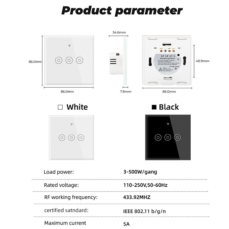 Eu-touch-schalter, led-kristallglas-wandleuchte, lichtschalter, 1/2/3- fach ,  ac 110-250- v-led-sensorschalter, alexa- und google-home-kompatibel
