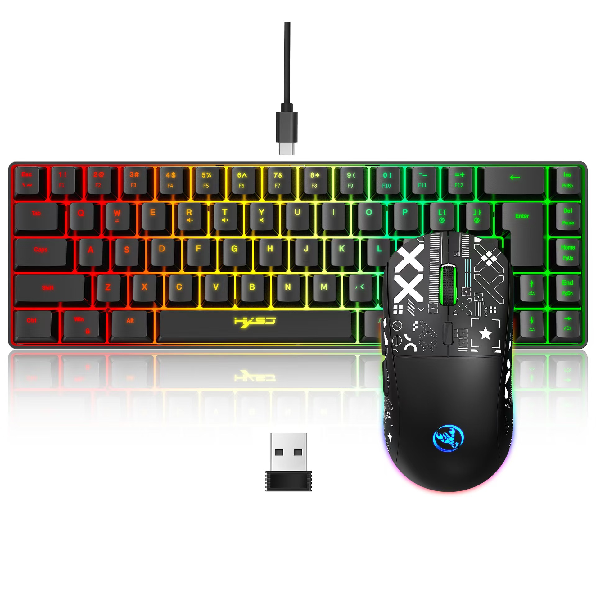 60 % Gaming-Kombiset für Tastatur und Maus, Gamer-Kombination mit weißer Tastatur, Computer-Kombination, kabelgebundene Tastaturen, Mäuse, Büro, Teclado für Laptop-PC: Black