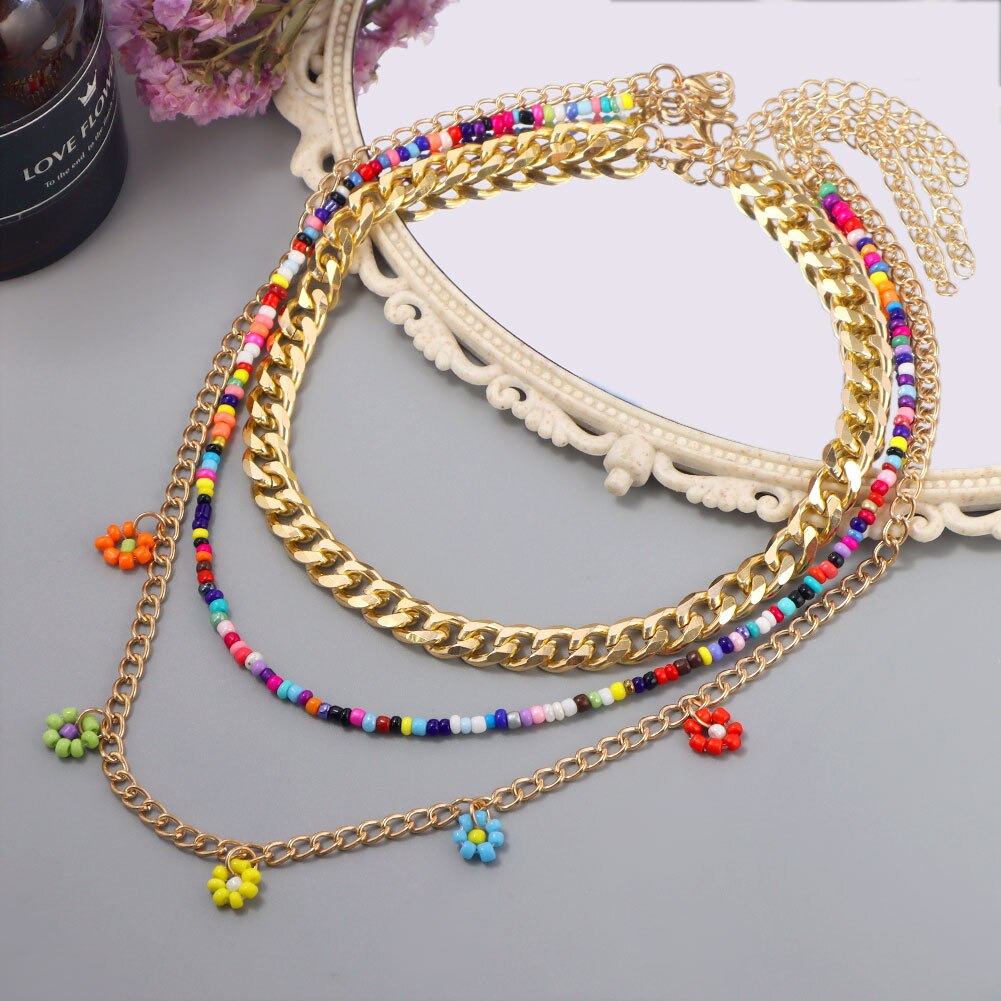 Collana di perline fiore margherita arcobaleno multistrato per donna cubana catena robusta girocollo Set gioielli bohémien regalo per feste Femme