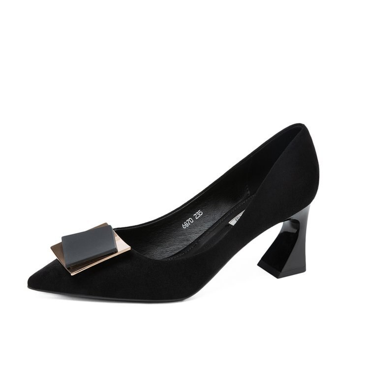 Chaussures de femmes métal boucle carrée épaisse chaussures à talons hauts confortables bouche peu profonde travail chaussures pour femmes: Black / 38