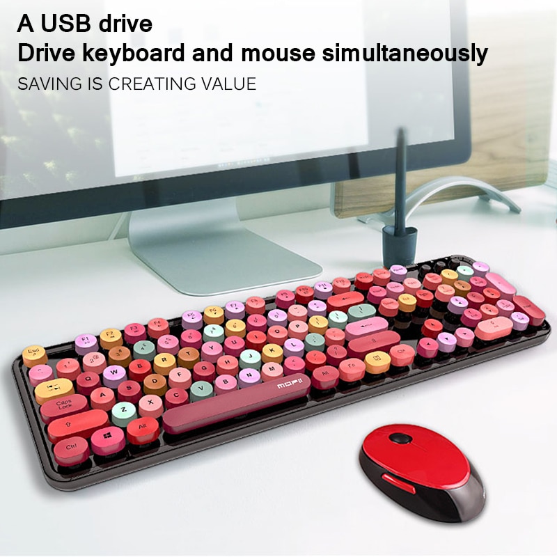 Spil tastatur og mus sæt 4 farver blandet farve 2.4 ghz trådløs vintage universal desktop tastatur og mus kit til pige