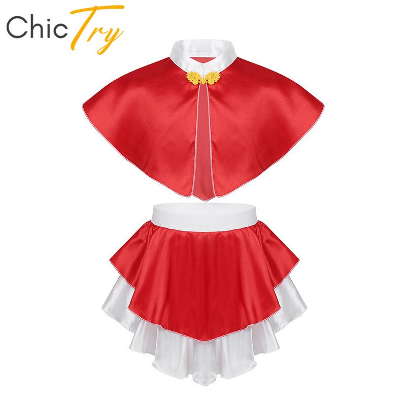 ChicTry Kids Girls Christmas Santa Costume Children Halloween Cosplay Party Red Satin Cape with Skirt Dance Show Fancy Dress Set