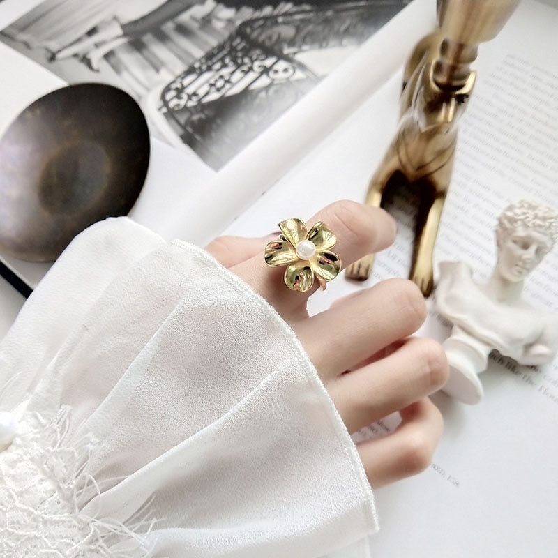 ANENJERY Dainty Jewelry Gold Color Flower Pearl Opening Ring For Women Party Jewelry S-R804