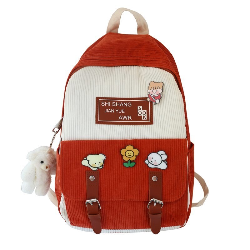 Cute Corduroy Backpacks for School Teen Girls Patchwork Colorful Bagpack Kids School Bags Double Buckles Travel Knapsack H246: red / with bear Pendant