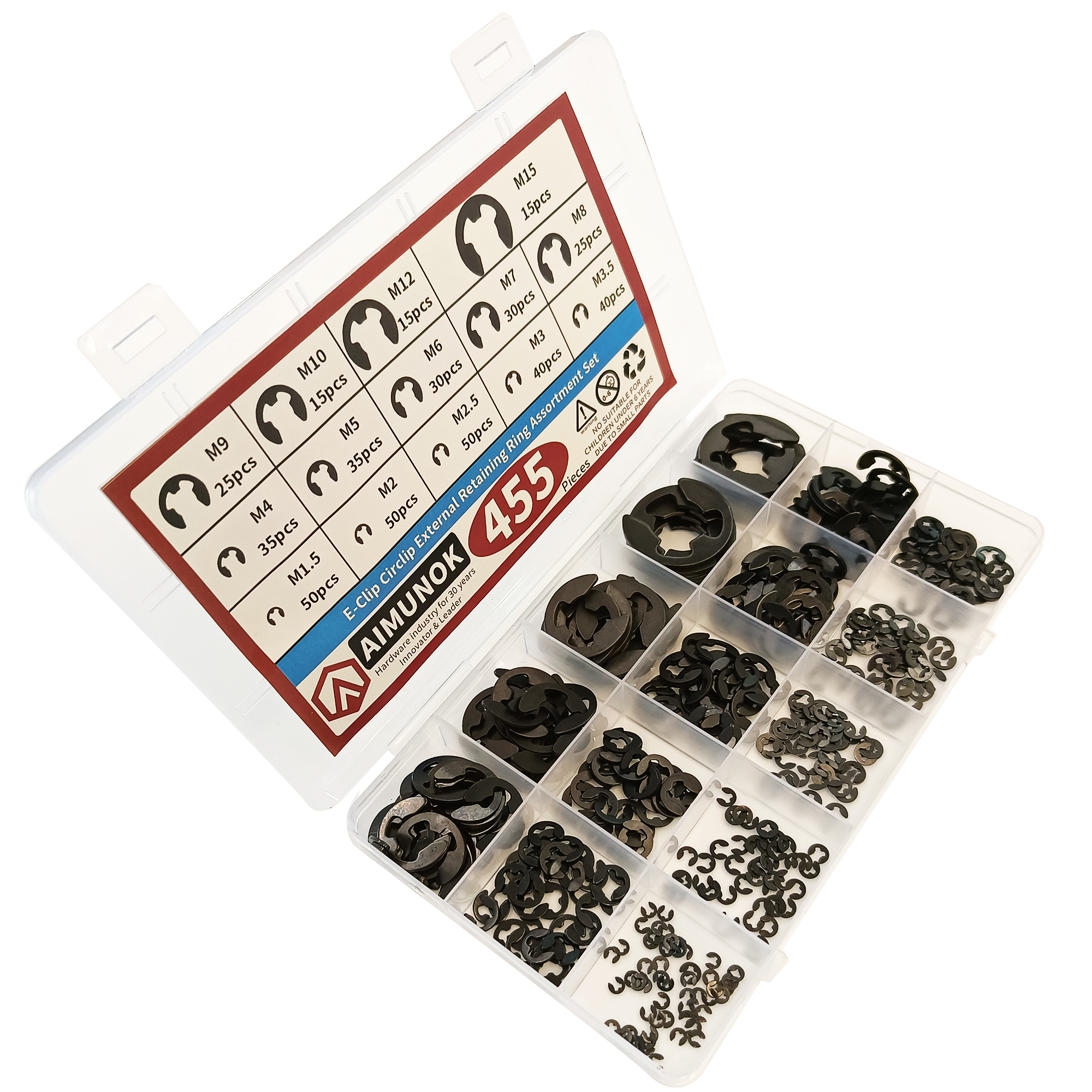 AIMUNOK 455 szt. Zestaw zewnętrznych pierścieni ustalających E-Clip Zestaw pierścieni zatrzaskowych, zestaw klipsów C ze stali wysokowęglowej, 14 rozmiarów SAE Pierścień zabezpieczający Sna