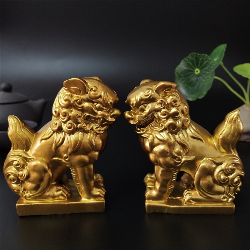 2 stk gylne kinesiske løver statue skulpturer dyr figurer feng shui ornamenter håndverk hage dekorasjon statuer for hjemmet