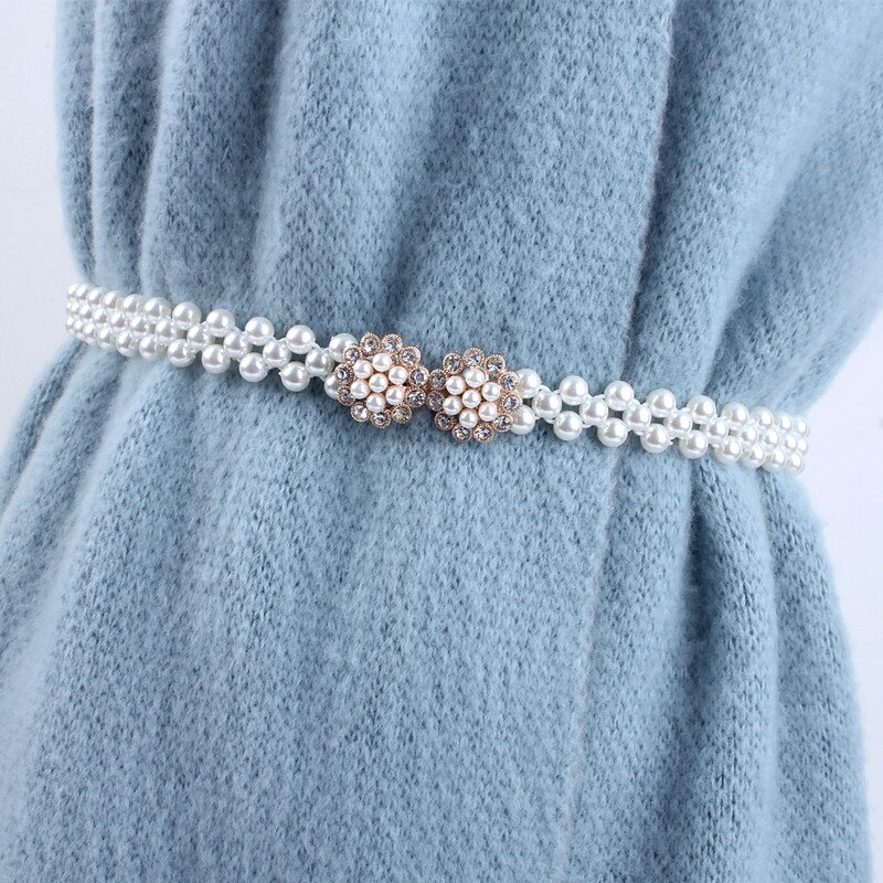 Correa de cadena fina con sello de elasticidad elástica de la cintura blanca para mujer, diamantes de imitación y perlas para decoración de falda, fajas de ,