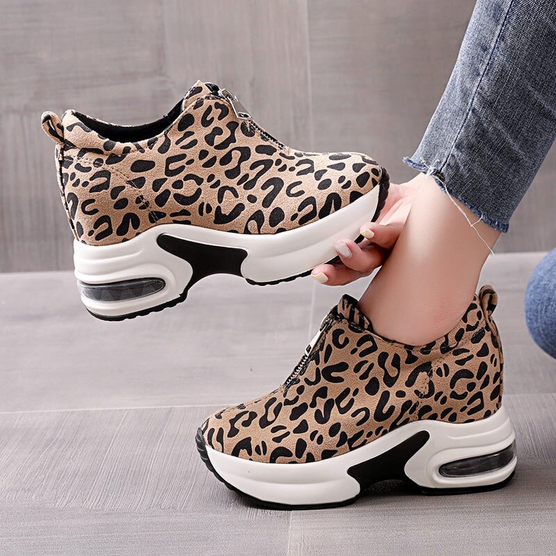 Vrouwen Sneakers Leopard Hoogte Toenemende Vrouw Gevulkaniseerd Schoenen Dikke Bodem Rits Vrouwtjes Wiggen Dames Casual Schoenen