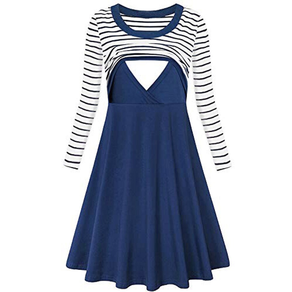 Maternity Breastfeeding Dresses Women's Stripe Long Sleeve Flare Nursing Dress Robe Grossesse Premama Clothes For Pregnant Women: Blue / M