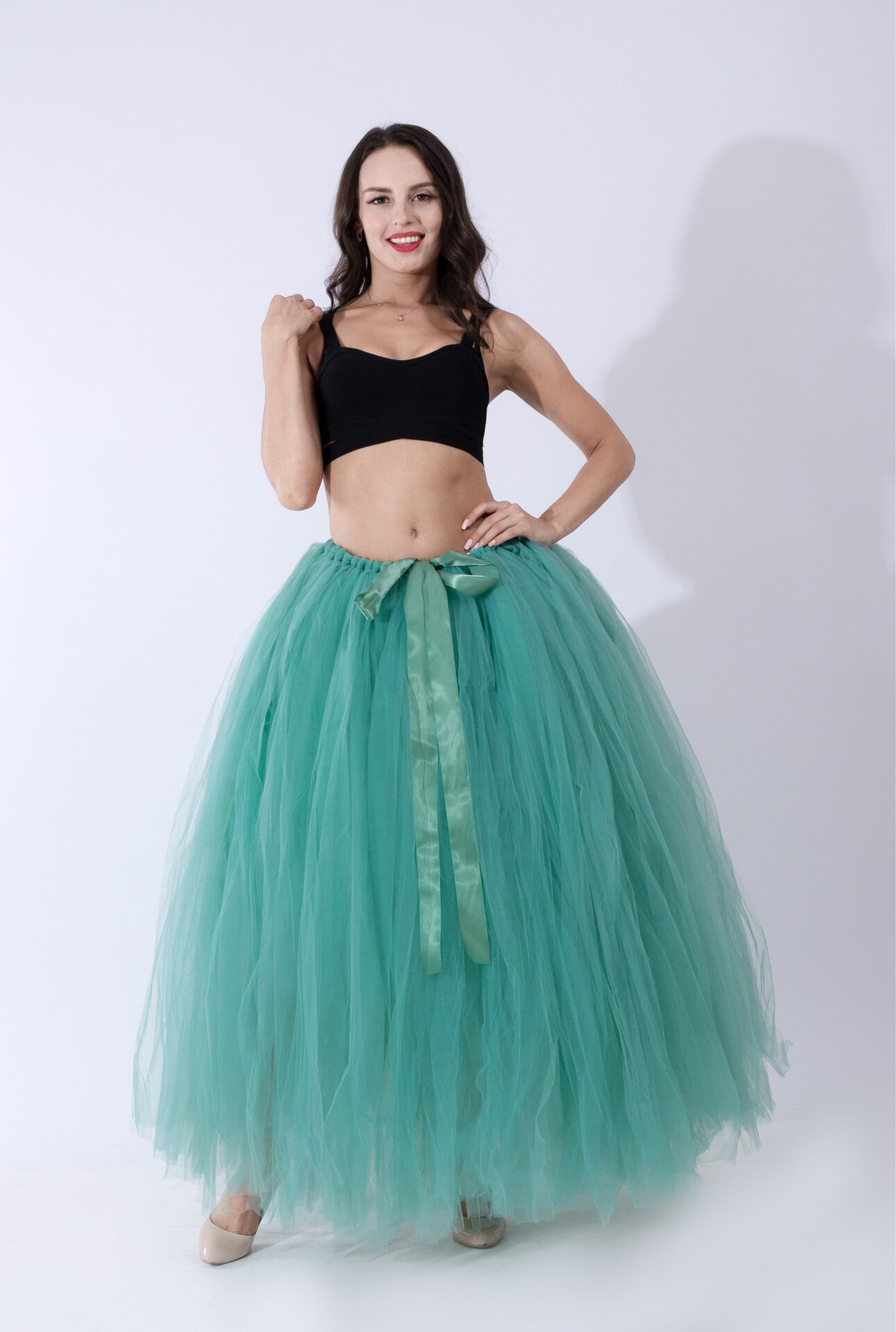 Schwarz Hoopless Lange Petticoat Hochzeit Krinoline Ballkleid Unterrock Schichten Tüll Rock Frau Erwachsene Tutu Braut Zubehör: Green