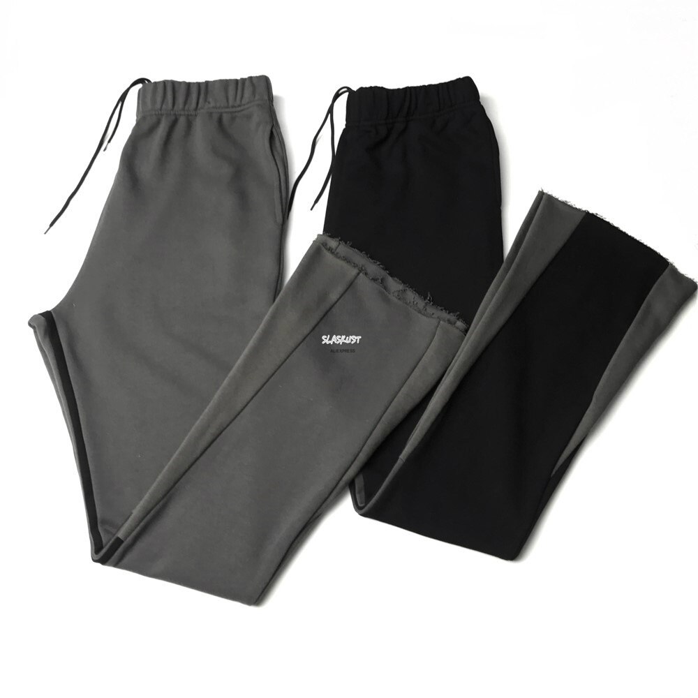 Pantalones de chándal deconstruidos negros/grises, pantalones de algodón de rizo ajustados acampanados, ropa de calle Vintage con abertura de pierna ancha de longitud extendida