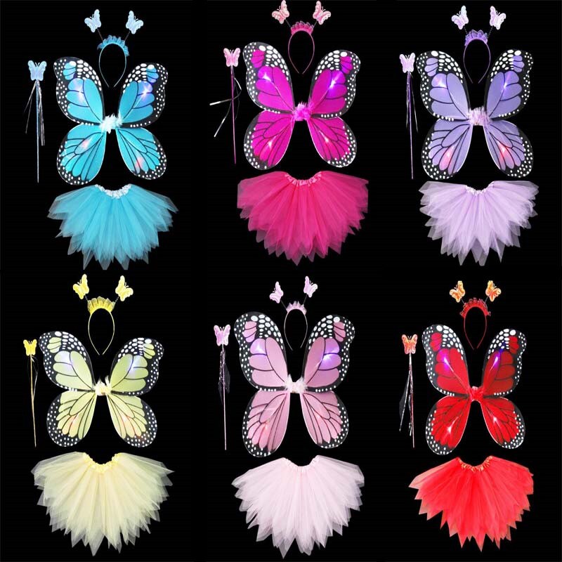 Lumière LED Up papillon aile bandeau fée baguettes jupe enfants princesse Performance Cosplay ensemble lueur fête noël Halloween