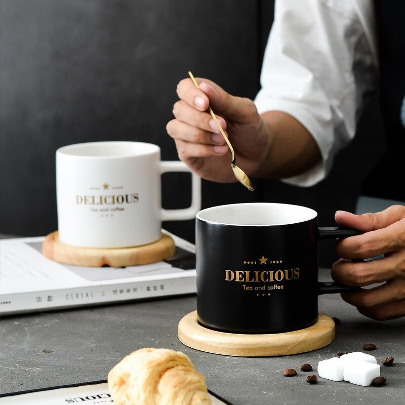mug Nordic style luxury luxury gold wood grain ceramic cup business coffee afternoon tea cup cup Spoon tray lid