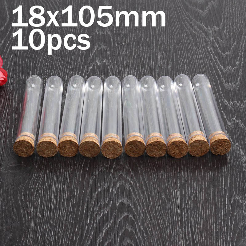 Tubo de prueba de fondo redondo de plástico transparente con topes de corcho, tubos de té perfumados vacíos como el cristal de 18x105mm 10 unidades por lote