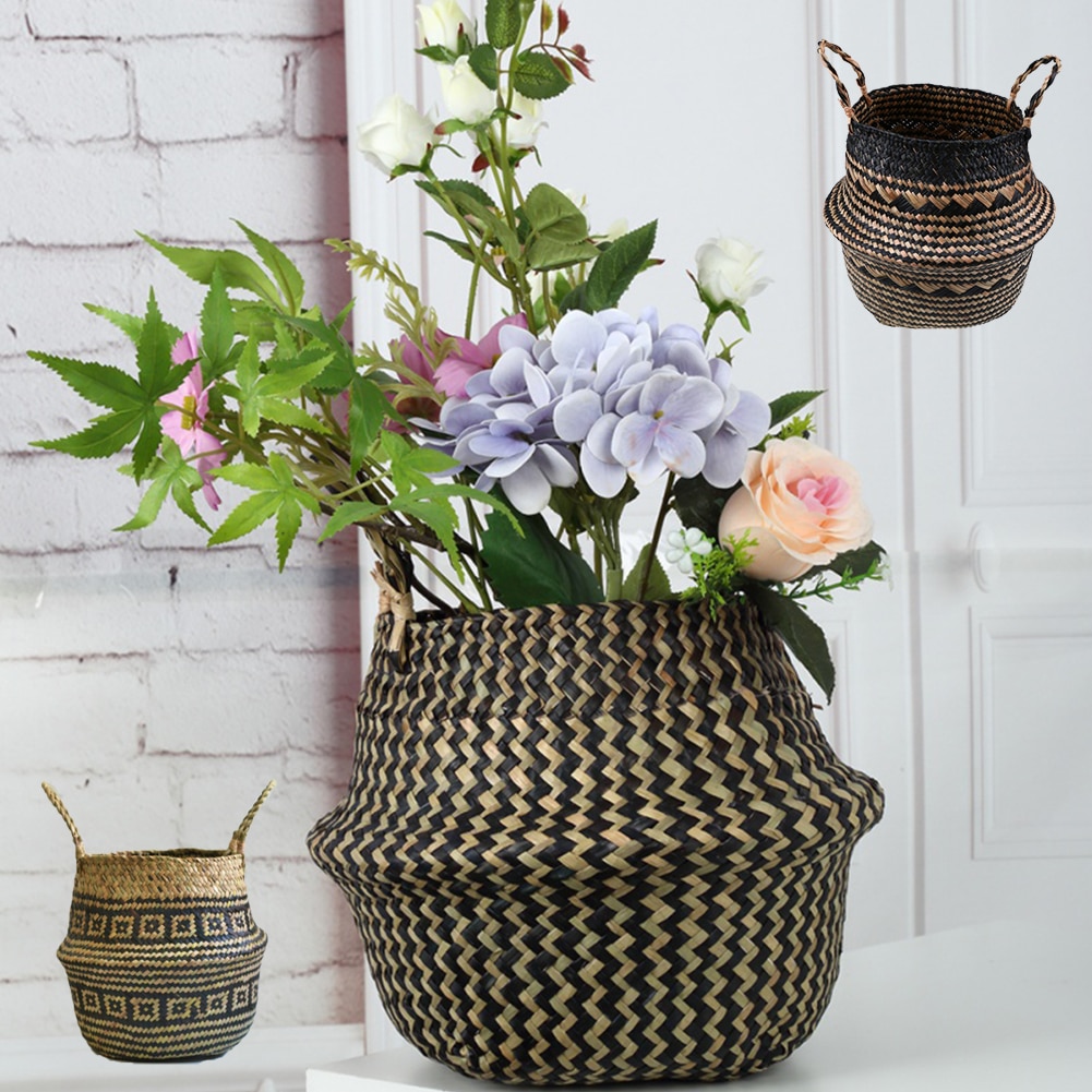 Havgræs mave opbevaring kurv urtepotte naturlig rattan kurv plante potte legetøj holder havedekoration container taske hjem dekoration