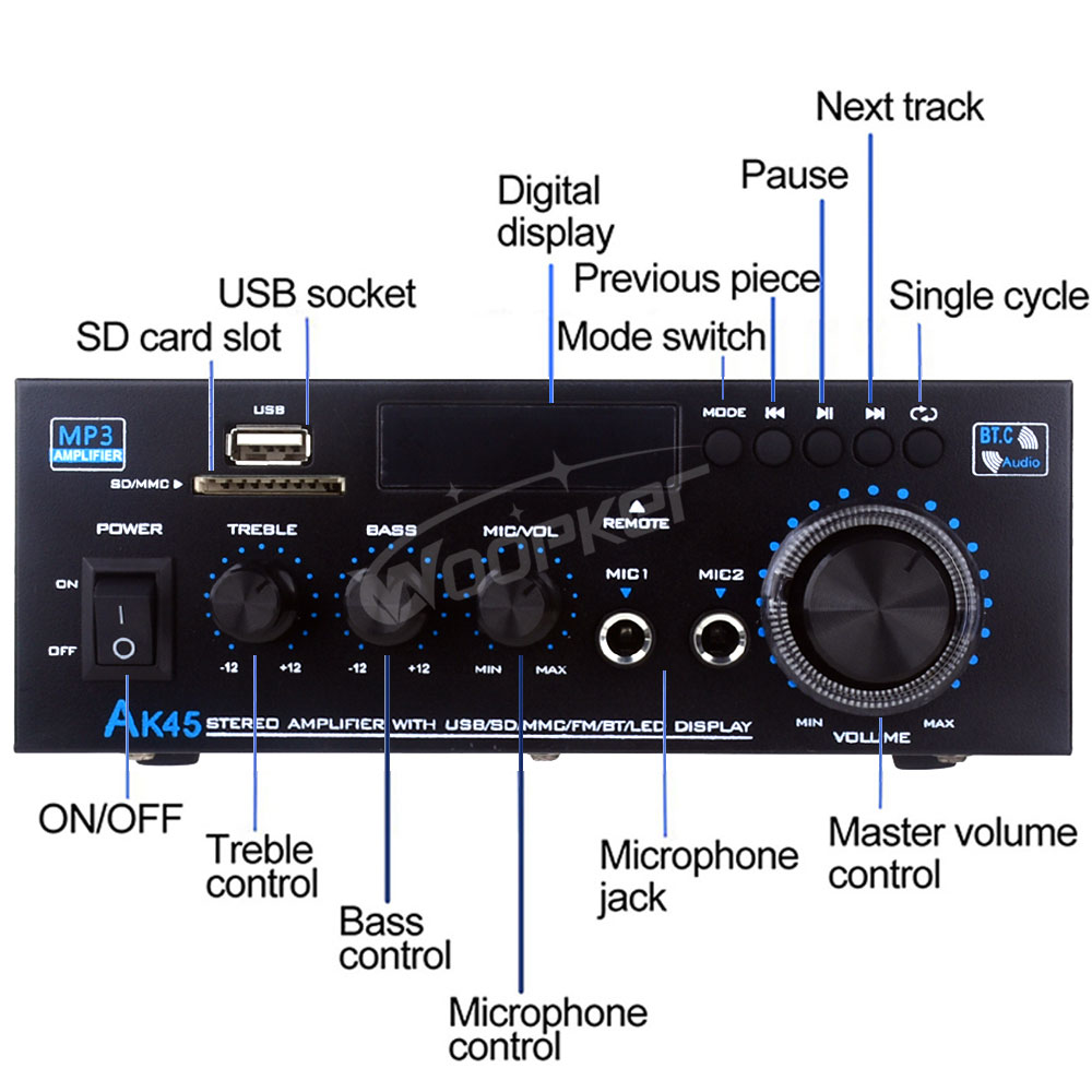 Woopker HiFi Digital Amplifier AK45 Bluetooth MP3 Channel 2.0 Sound AMP Support 90V-240V for Home Car MAX 400W*2