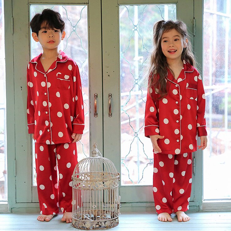 Nova menina menino manga longa polka dot pijama conjuntos. criança crianças unissex pontos vermelhos pijamas conjunto de dormir loungewear. roupas infantis