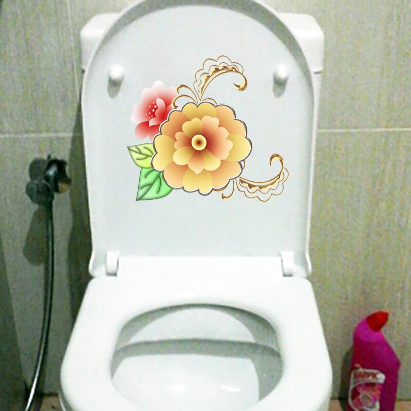 Yoja 22.4*22.7cm geel met goudgerande bloemen cartoon muurdecoratie toiletbril stickers  t1-0564