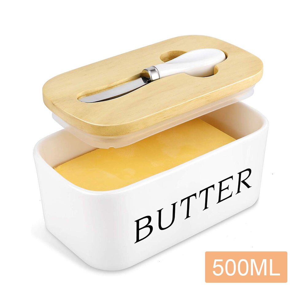 Nordic Ceramic Butter Box Wood Cover With Knife Butter Sealing Plate Storage Tray Dish Cheese Kitchen Food Container Butter Dish