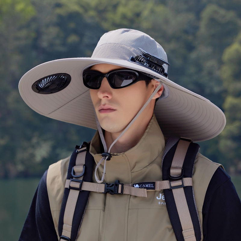 Sombrero de verano con doble ventilador con energía solar para senderismo al aire libre, pesca, sombrero con sombrilla, sombrero de pescador impermeable de secado rápido con alero grande: Azul cielo