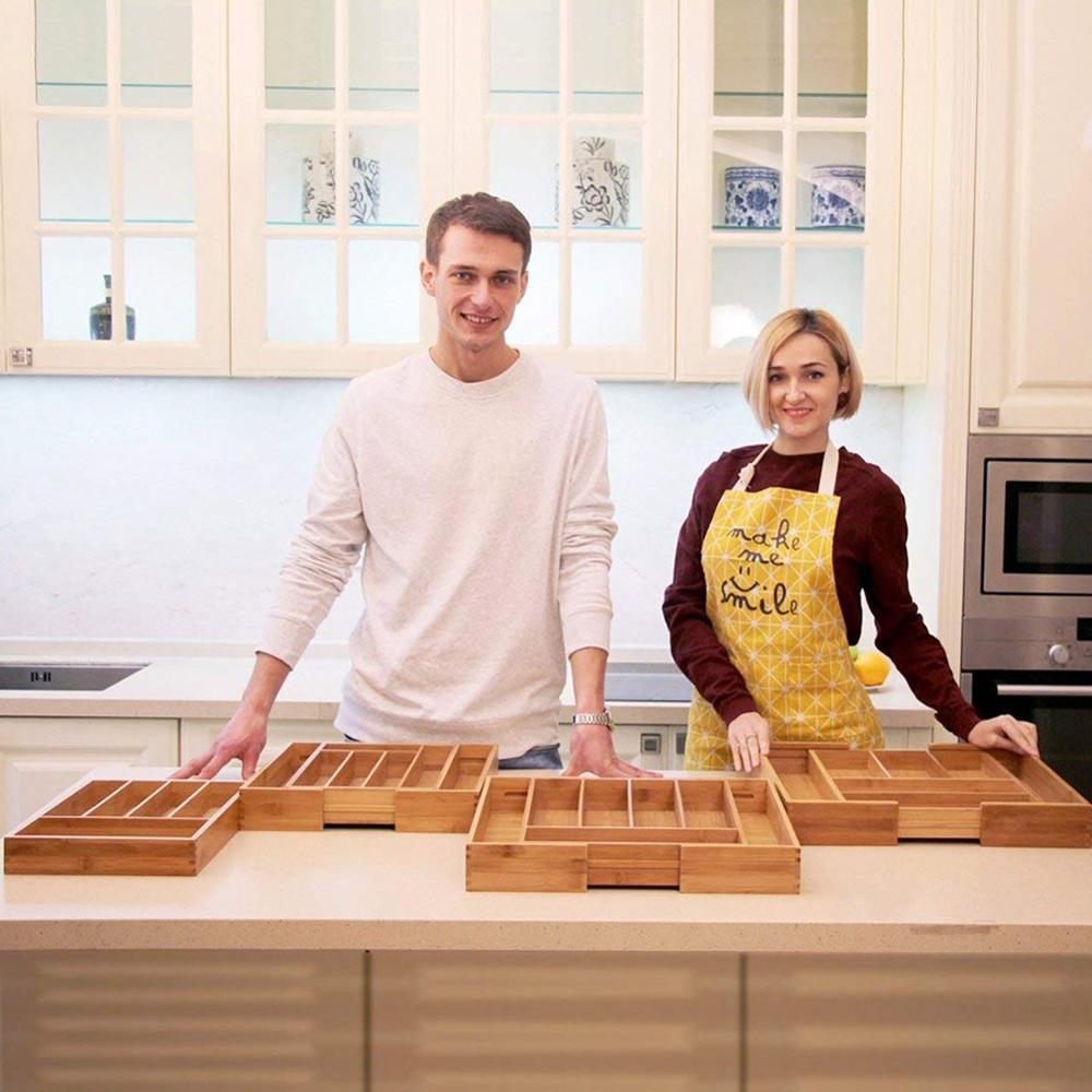 Kitchen Drawer Organizer Retractable Bamboo Cutlery Trays for Drawers Partitioned Tableware Knife Spoon Fork Storage Box