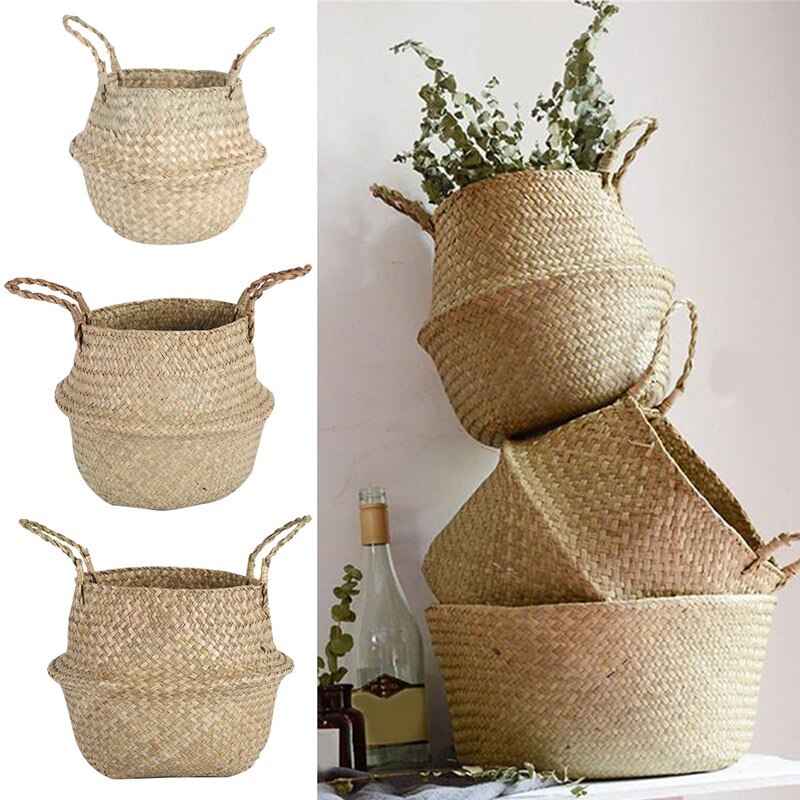 Cesta de cestería para algas marinas, maceta de flores colgante de ratán, cesto para ropa sucia, cestas plegables de almacenamiento, jardín casero decorativo